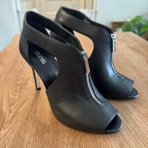 Michael Kors | Black Peep Toe Leather Zipper Bootie Heels | Women’s Size 8.5
